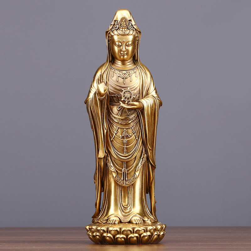 Kwan Yin Statue Holding Dharma Wheel | Brass Copper Sculpture