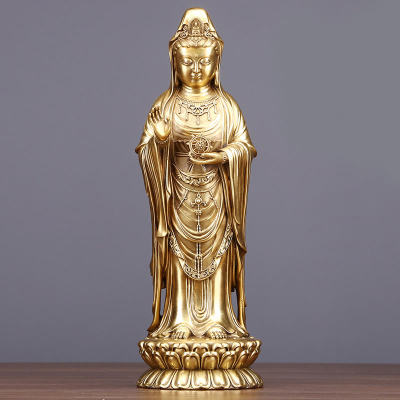 Kwan Yin Statue Holding Dharma Wheel | Brass Copper Sculpture