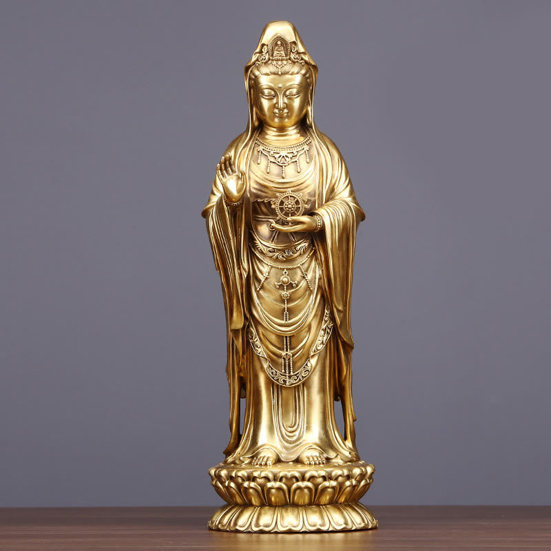 Kwan Yin Statue Holding Dharma Wheel | Brass Copper Sculpture