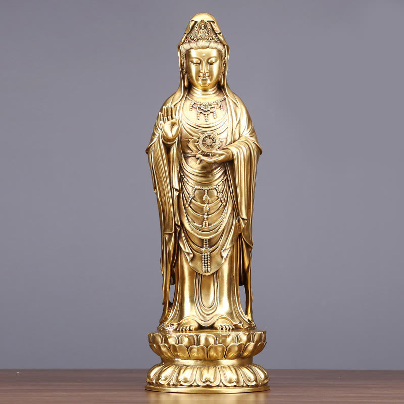 Kwan Yin Statue Holding Dharma Wheel | Brass Copper Sculpture