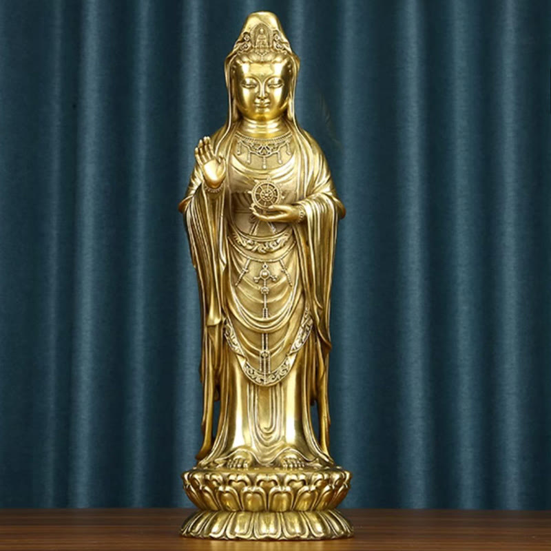 Kwan Yin Statue Holding Dharma Wheel | Brass Copper Sculpture