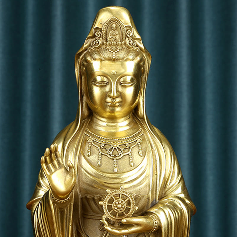 Kwan Yin Statue Holding Dharma Wheel | Brass Copper Sculpture
