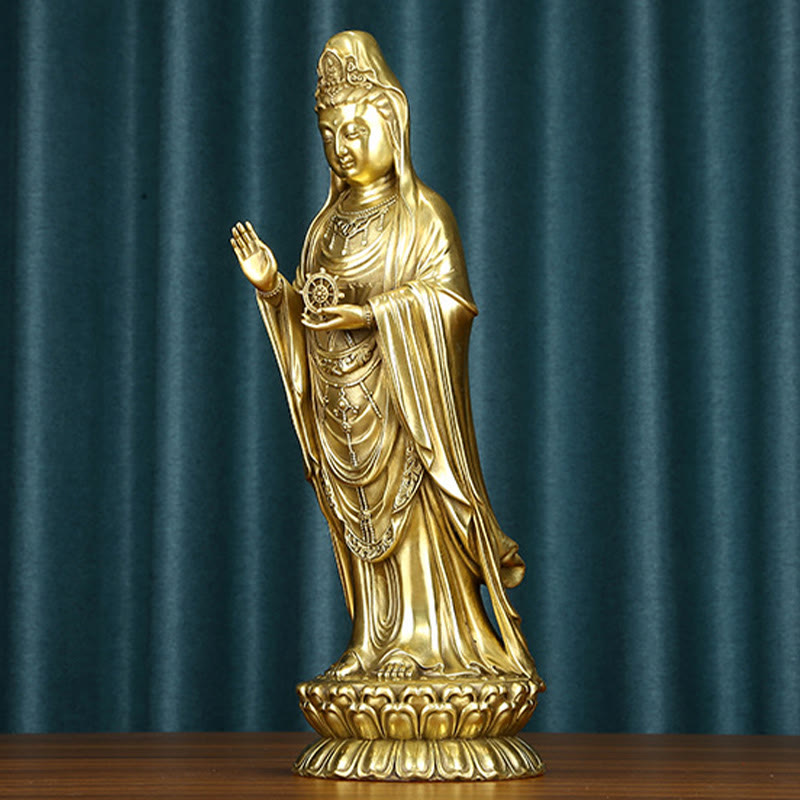 Kwan Yin Statue Holding Dharma Wheel | Brass Copper Sculpture
