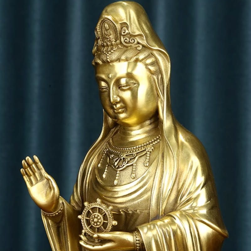 Kwan Yin Statue Holding Dharma Wheel | Brass Copper Sculpture