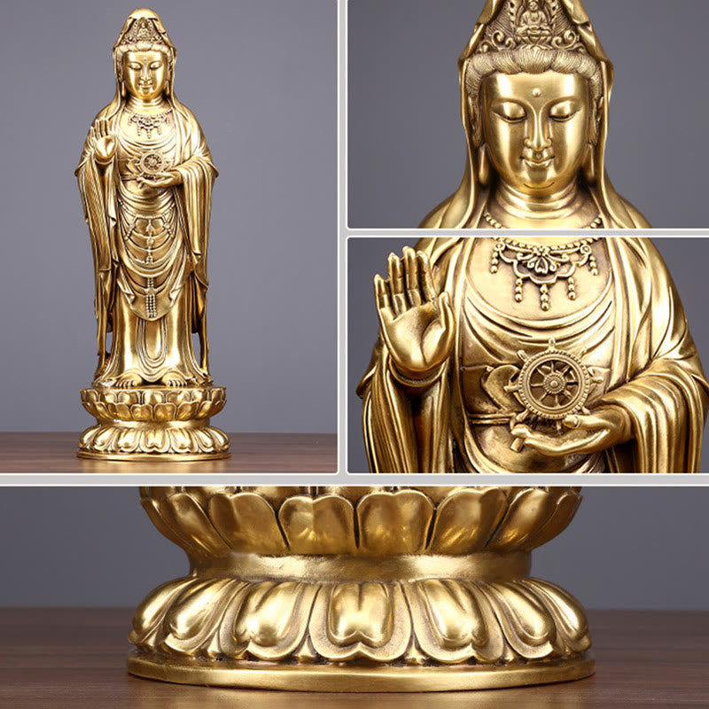 Kwan Yin Statue Holding Dharma Wheel | Brass Copper Sculpture