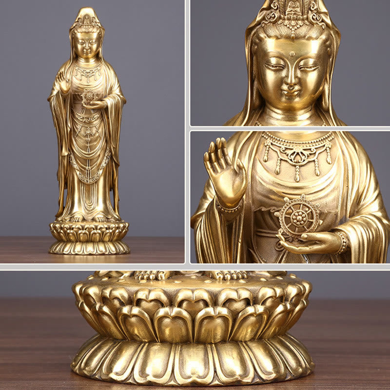 Kwan Yin Statue Holding Dharma Wheel | Brass Copper Sculpture