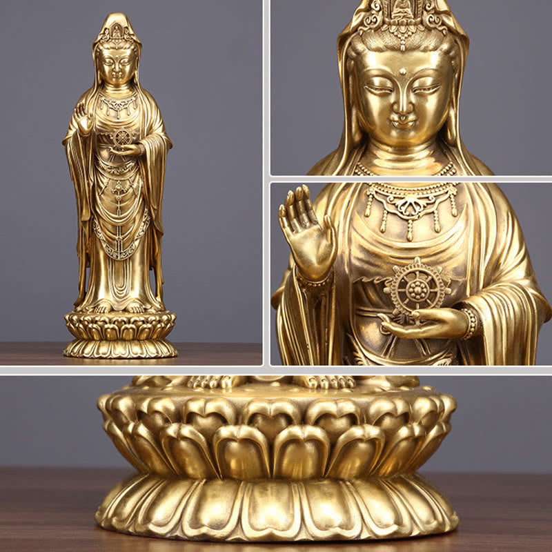 Kwan Yin Statue Holding Dharma Wheel | Brass Copper Sculpture