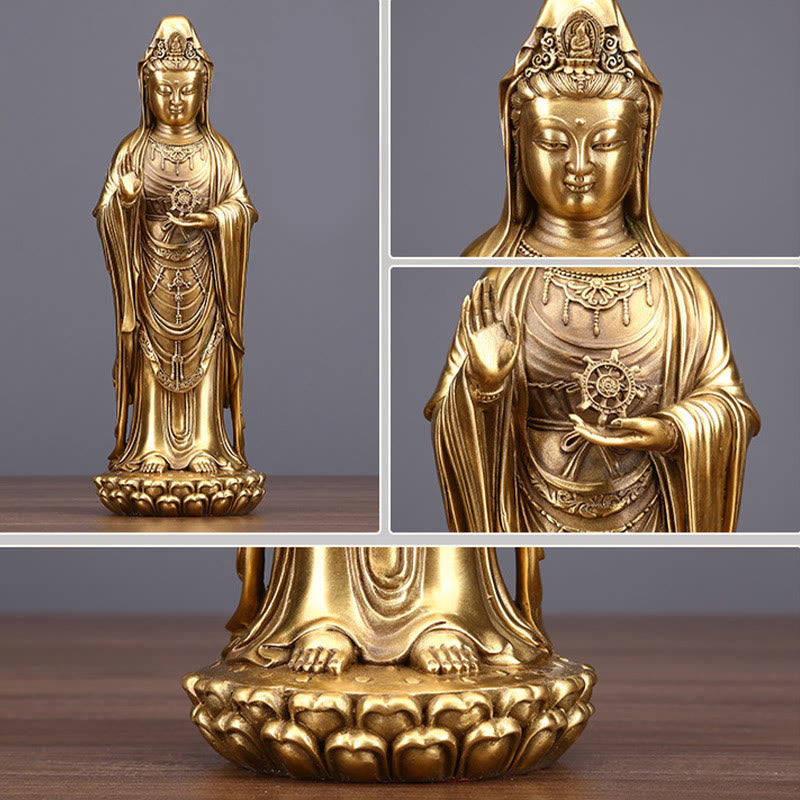 Kwan Yin Statue Holding Dharma Wheel | Brass Copper Sculpture