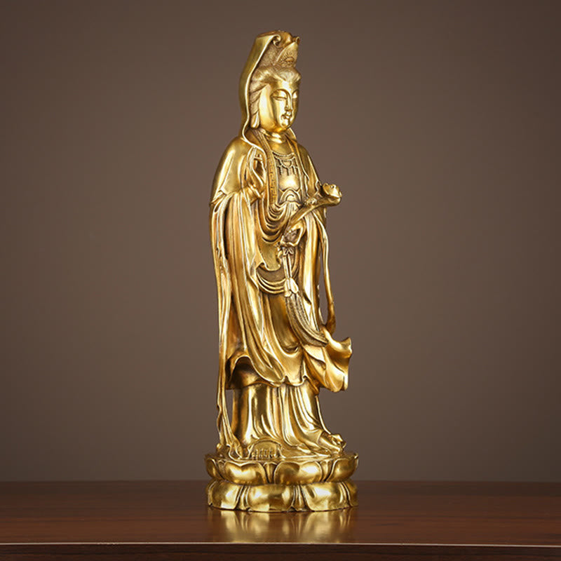 Kwan Yin Statue Holding Dharma Wheel | Brass Copper Sculpture
