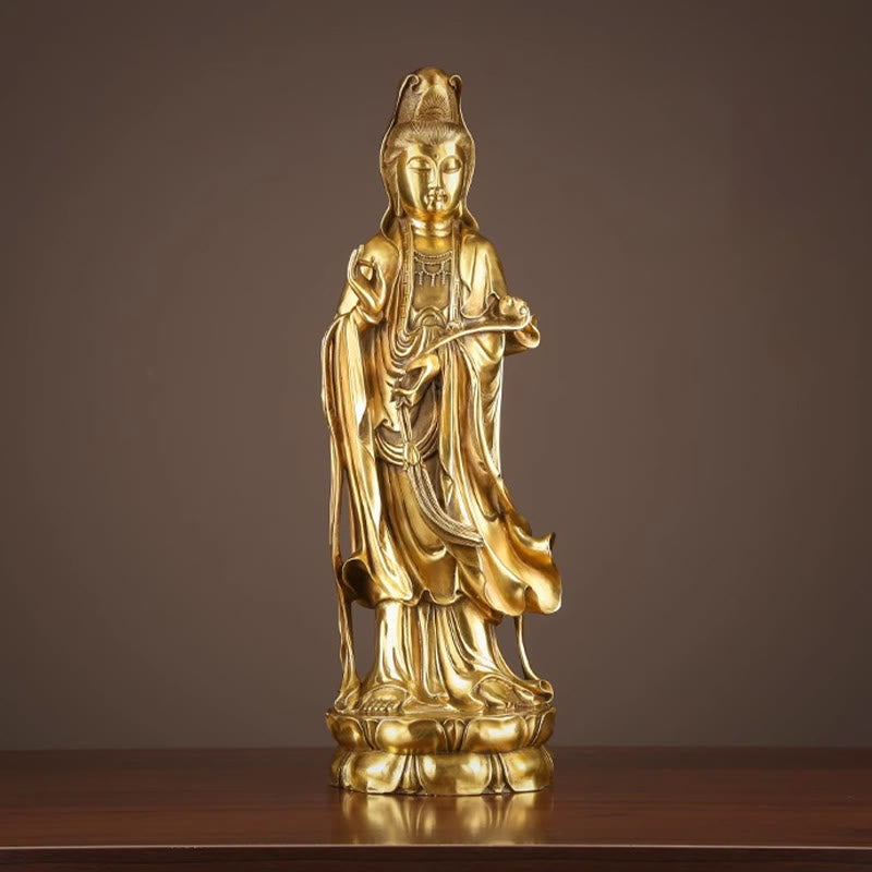 Kwan Yin Statue Holding Dharma Wheel | Brass Copper Sculpture