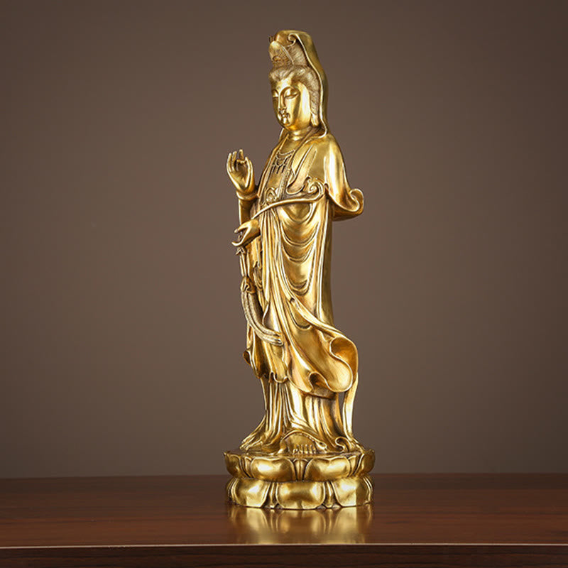 Kwan Yin Statue Holding Dharma Wheel | Brass Copper Sculpture