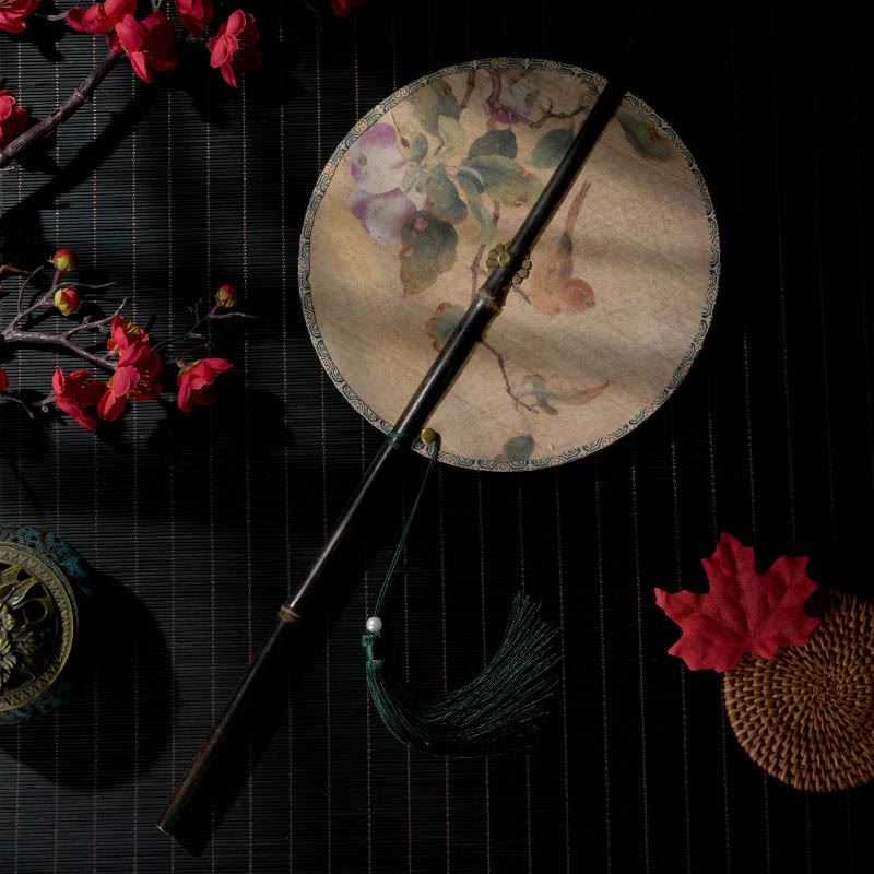 22cm Chinese Folding Fan with Purple Bamboo Handle and Floral Patterns