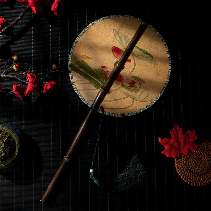 22cm Chinese Folding Fan with Purple Bamboo Handle and Floral Patterns