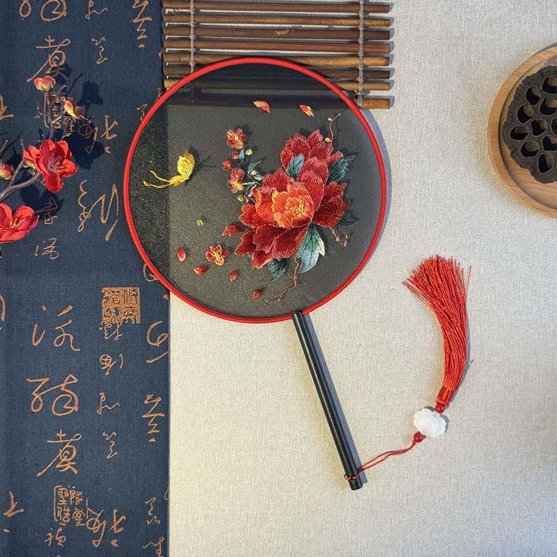 Peony Butterfly Wood Handle Fan 21cm | Zen Home Decor