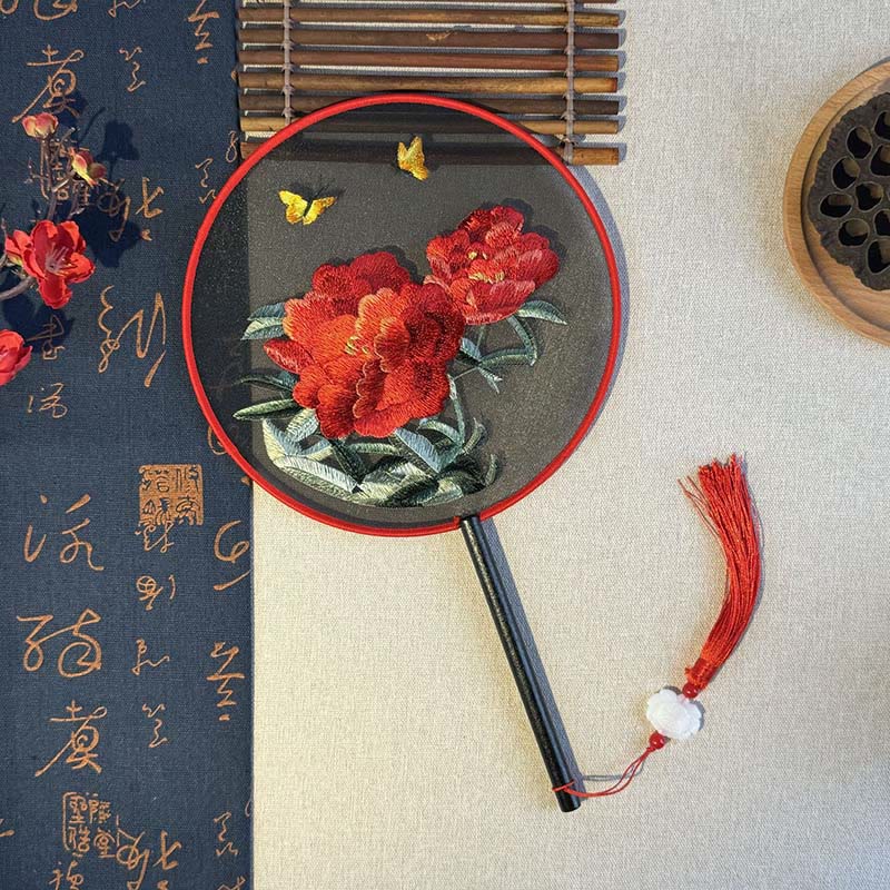 Peony Butterfly Wood Handle Fan 21cm | Zen Home Decor