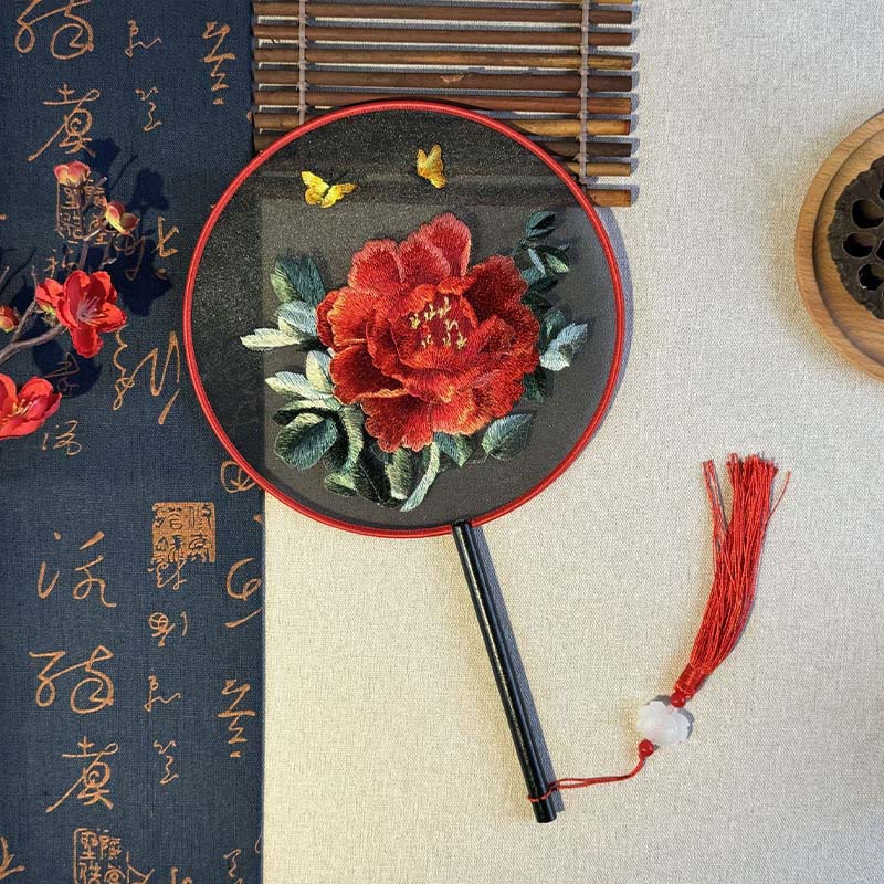 Peony Butterfly Wood Handle Fan 21cm | Zen Home Decor