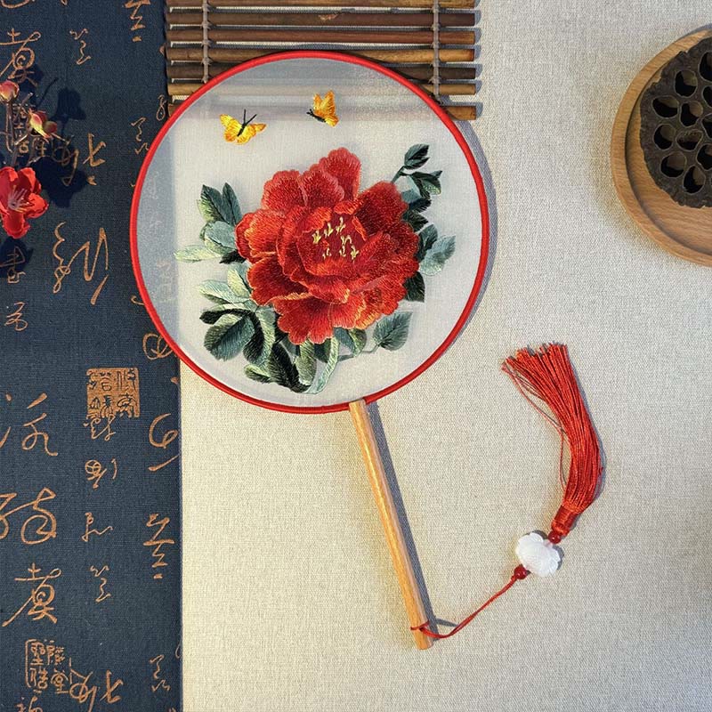 Peony Butterfly Wood Handle Fan 21cm | Zen Home Decor