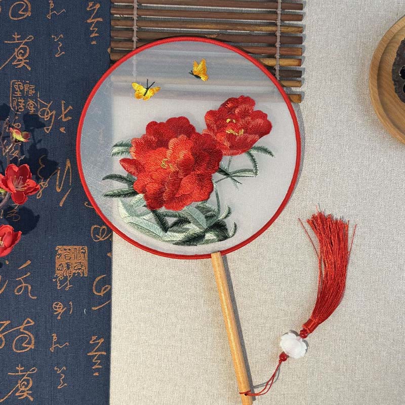 Peony Butterfly Wood Handle Fan 21cm | Zen Home Decor