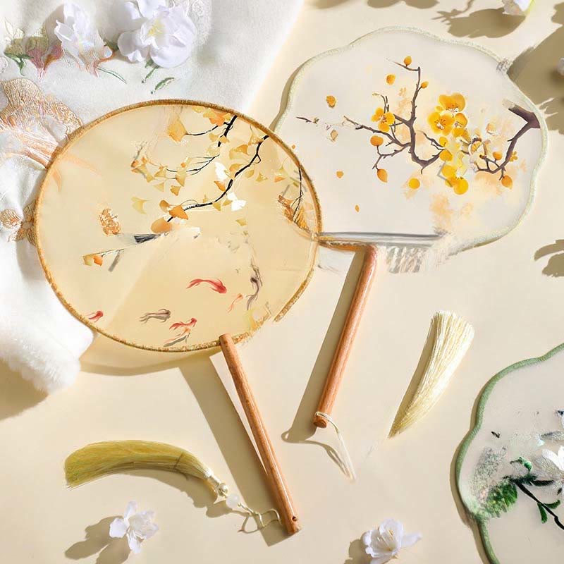 21cm Wooden Chinese Folding Fan With Koi Fish & Cherry Blossom Designs
