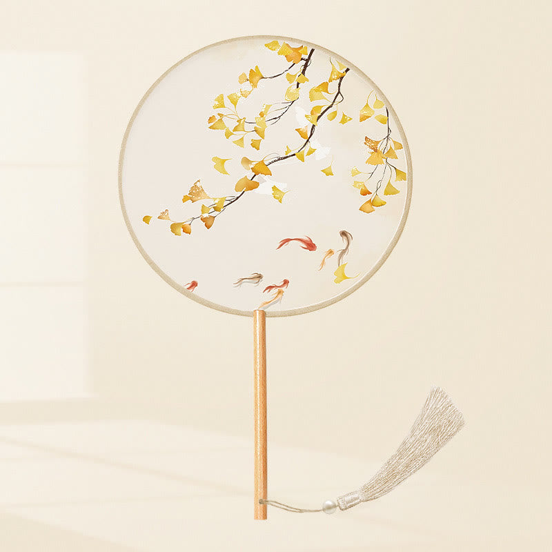 21cm Wooden Chinese Folding Fan With Koi Fish & Cherry Blossom Designs