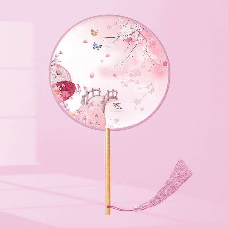 21cm Wooden Chinese Folding Fan With Koi Fish & Cherry Blossom Designs