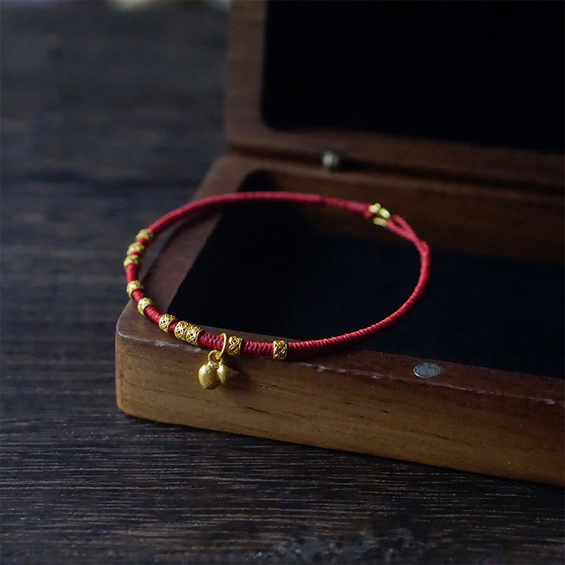 999 Gold Small Gourd Charm Red String Bracelet for Luck & Strength