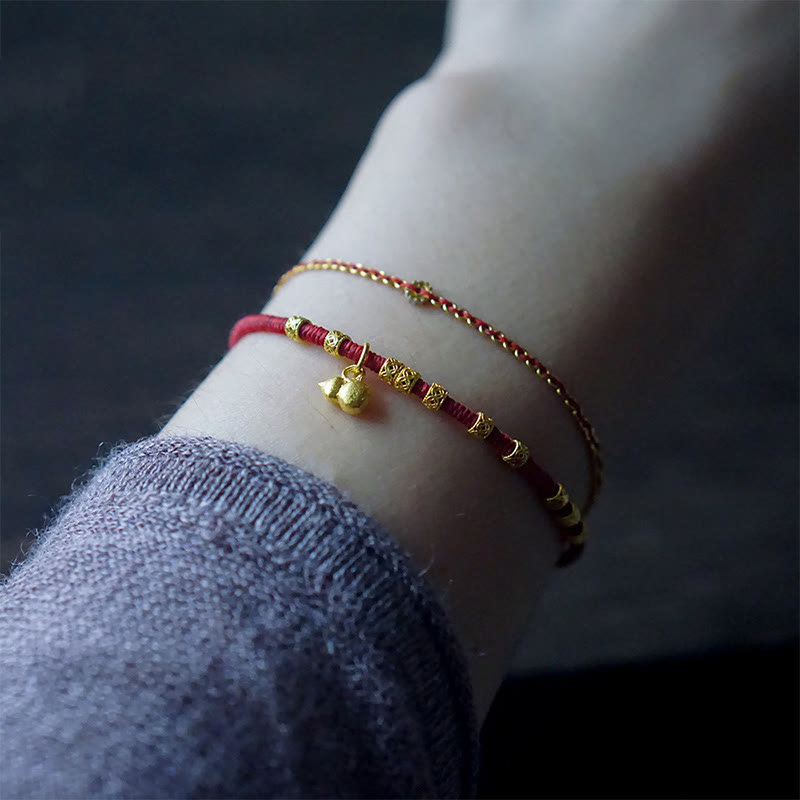 999 Gold Small Gourd Charm Red String Bracelet for Luck & Strength