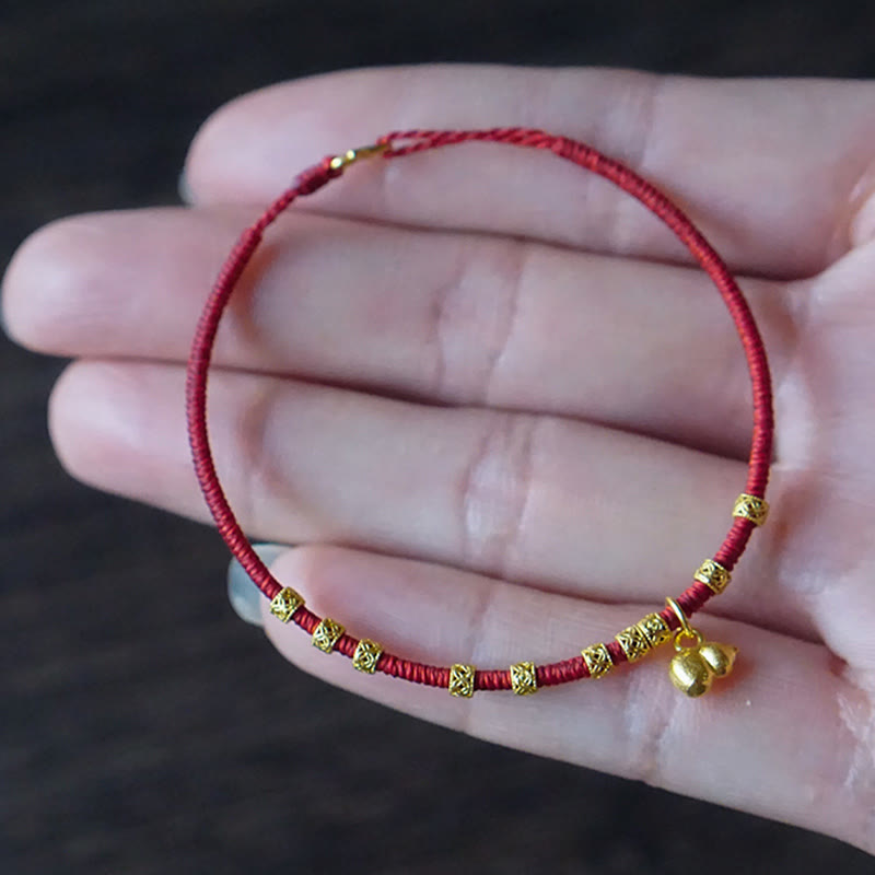 999 Gold Small Gourd Charm Red String Bracelet for Luck & Strength