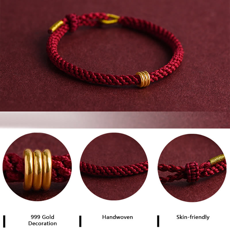 999 Gold Triple Ring Red String Bracelet for Connection