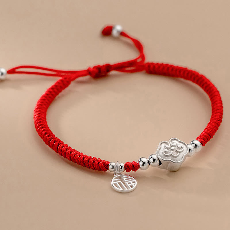 Silver Fu Character Red String Bracelet for Blessings