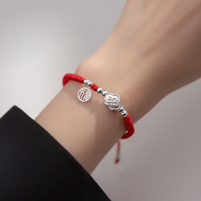 Silver Fu Character Red String Bracelet for Blessings