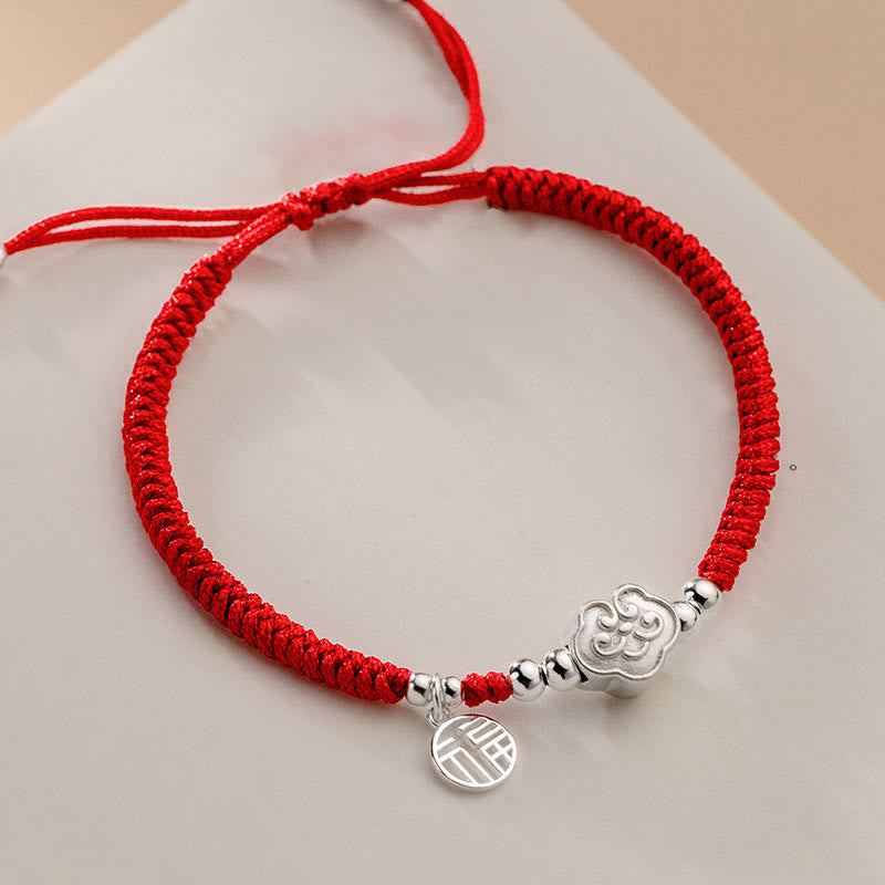 Silver Fu Character Red String Bracelet for Blessings