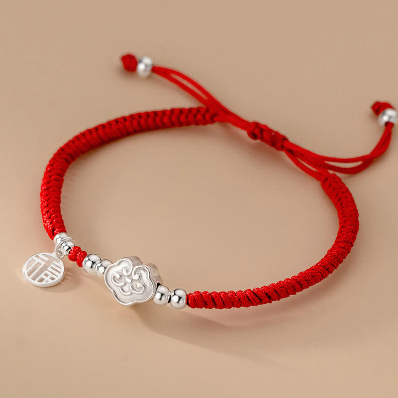 Silver Fu Character Red String Bracelet for Blessings