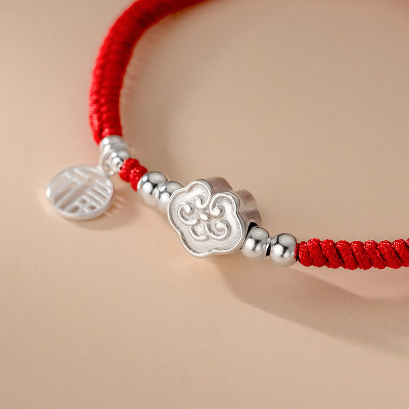 Silver Fu Character Red String Bracelet for Blessings