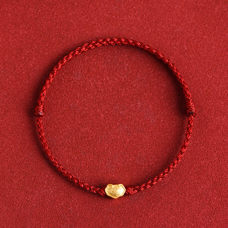 999 Gold Chinese Lock Charm Protection Red String Bracelet
