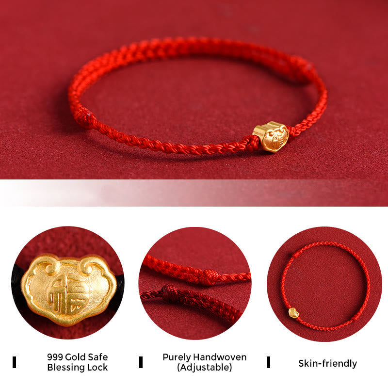 999 Gold Chinese Lock Charm Protection Red String Bracelet