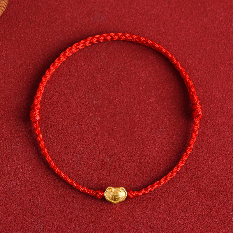 999 Gold Chinese Lock Charm Protection Red String Bracelet