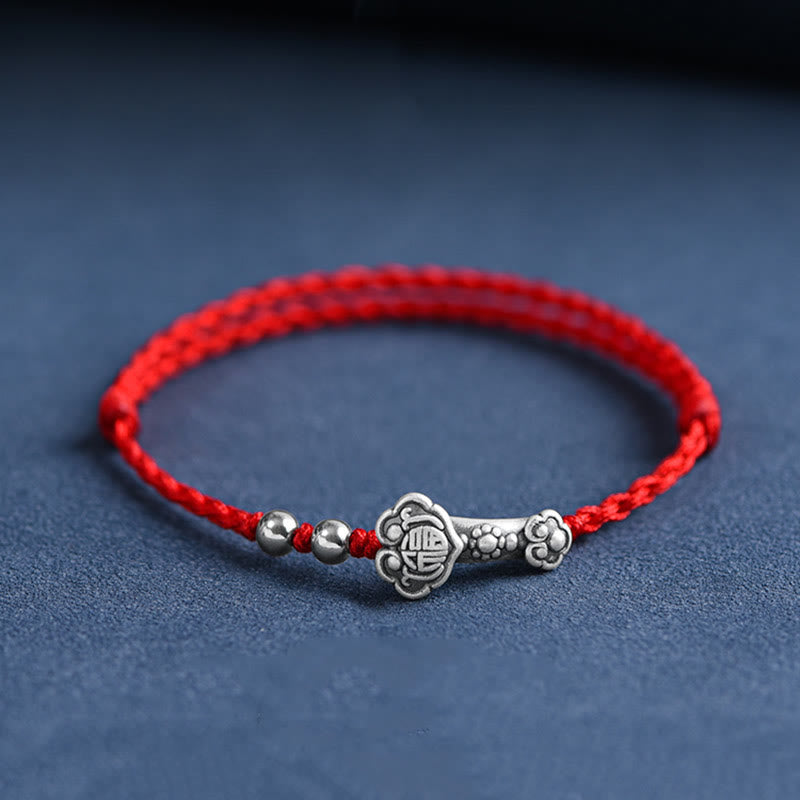 999 Sterling Silver Fu Character Ruyi Handle Red String Bracelet