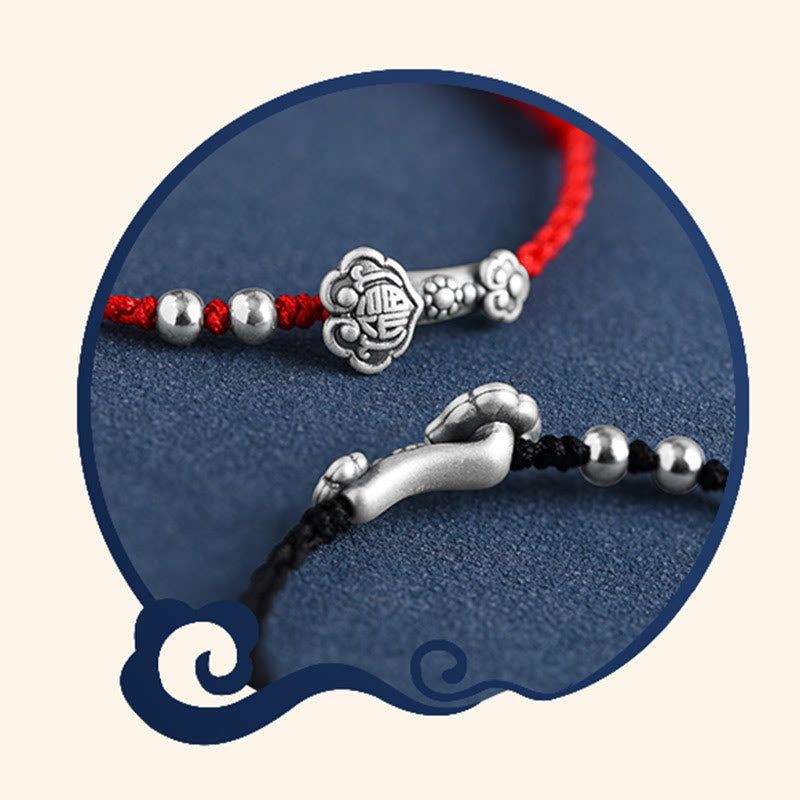 999 Sterling Silver Fu Character Ruyi Handle Red String Bracelet