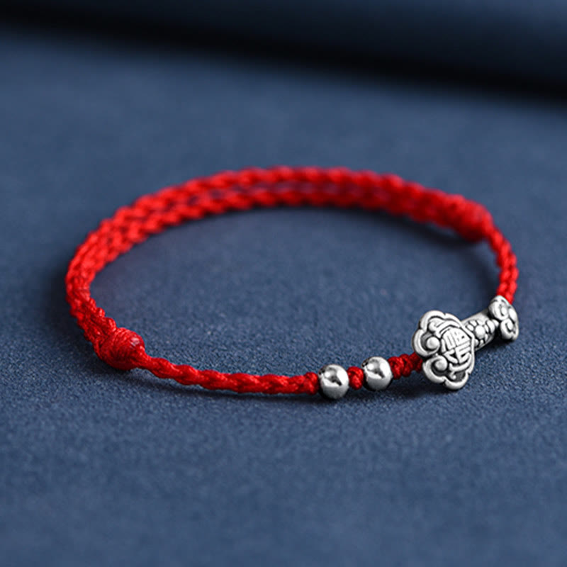 999 Sterling Silver Fu Character Ruyi Handle Red String Bracelet