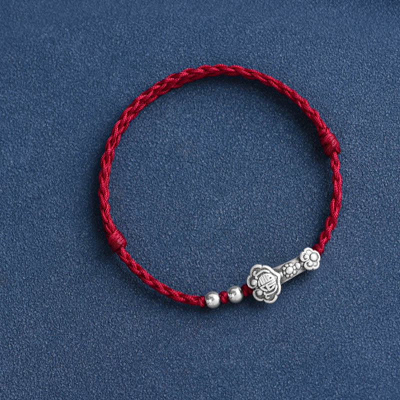 999 Sterling Silver Fu Character Ruyi Handle Red String Bracelet