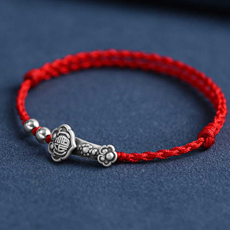 999 Sterling Silver Fu Character Ruyi Handle Red String Bracelet