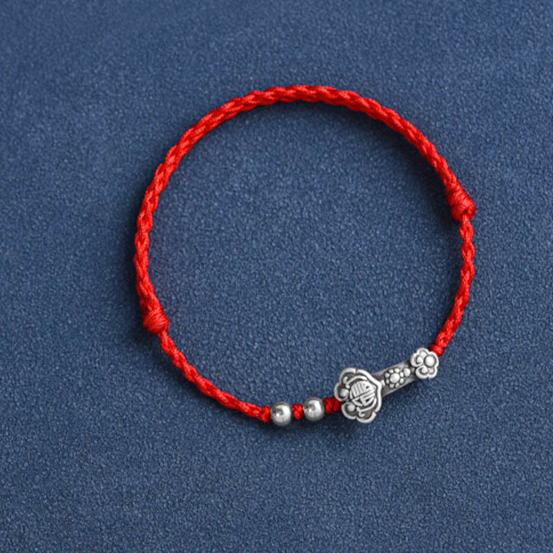 999 Sterling Silver Fu Character Ruyi Handle Red String Bracelet