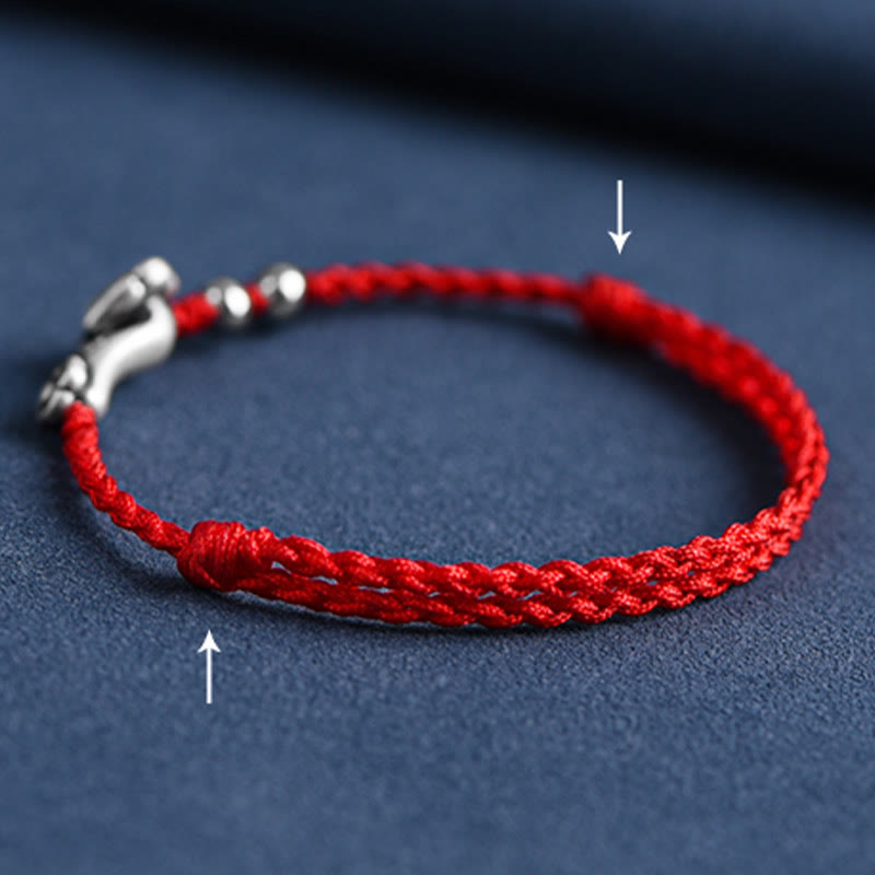 999 Sterling Silver Fu Character Ruyi Handle Red String Bracelet