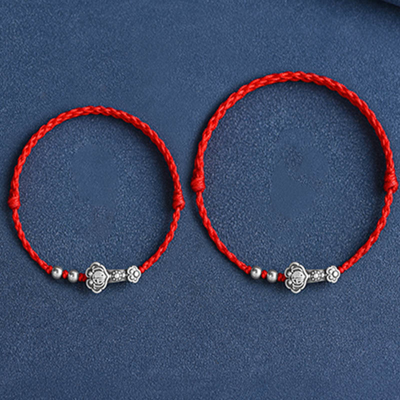 999 Sterling Silver Fu Character Ruyi Handle Red String Bracelet