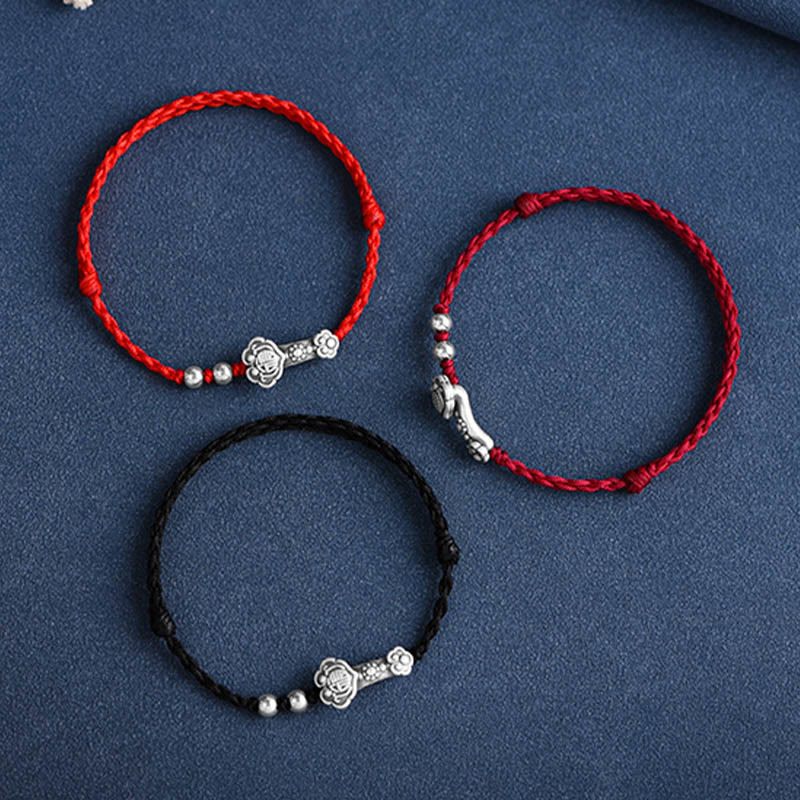 999 Sterling Silver Fu Character Ruyi Handle Red String Bracelet