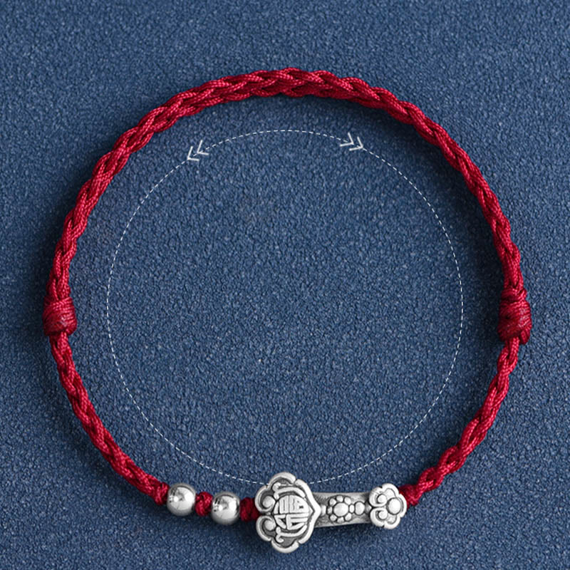 999 Sterling Silver Fu Character Ruyi Handle Red String Bracelet