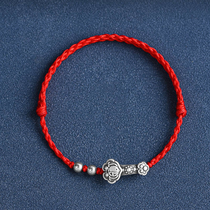 999 Sterling Silver Fu Character Ruyi Handle Red String Bracelet