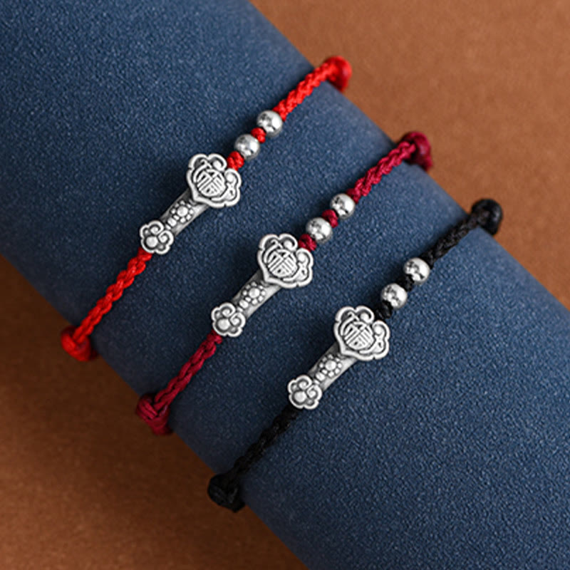 999 Sterling Silver Fu Character Ruyi Handle Red String Bracelet