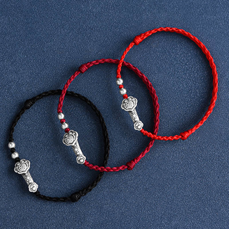 999 Sterling Silver Fu Character Ruyi Handle Red String Bracelet
